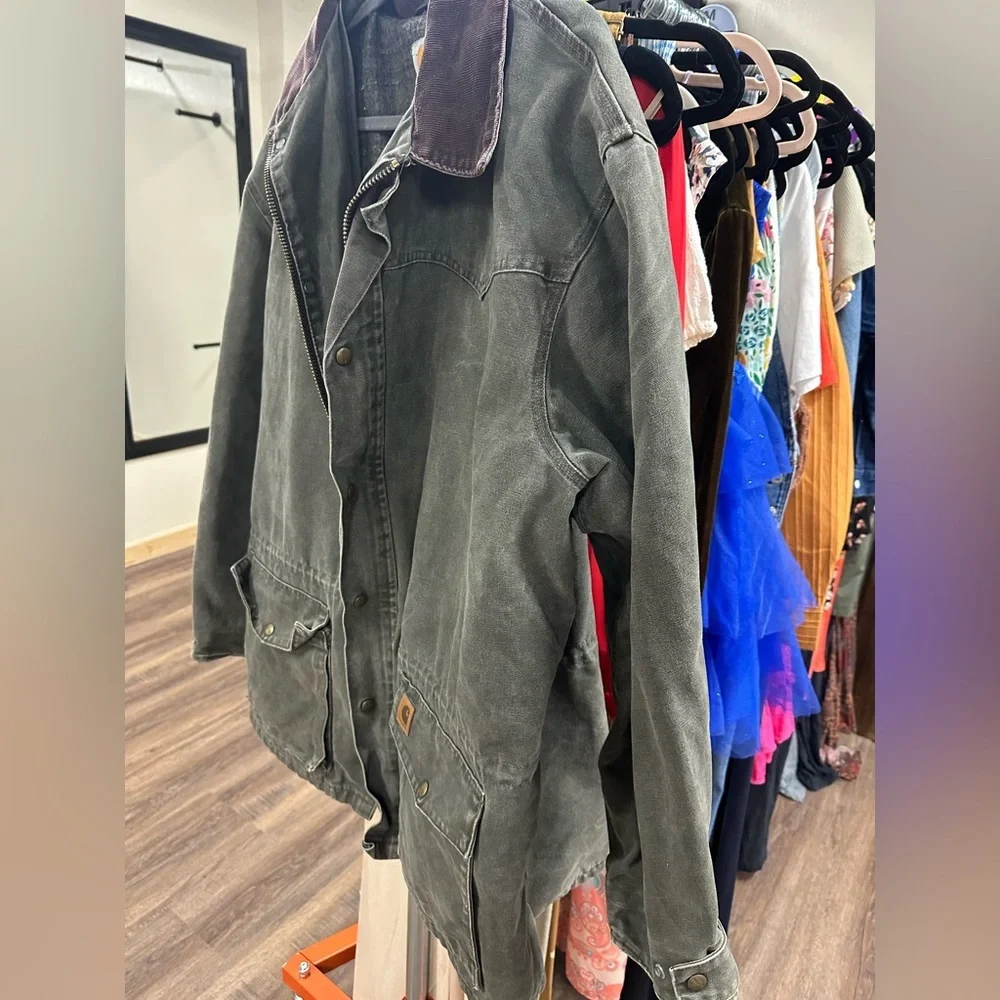 Vintage Carhartt green C52 MOS jacket blanket lined corduroy collar barn jacket - Picture 10 of 14